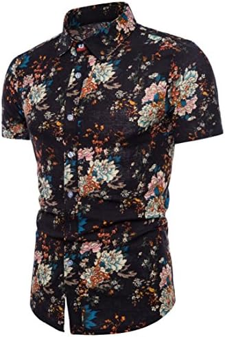 Qisc Mens Tops Men's Vintage Floral Print Button Down Short Sleeve Shirt Tops Blouse (XXXXL, Black)