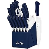 HueEase Kitchen Knife Set with Block and Build-In Sharpener,14-Piece German High Carbon Stainless Steel Knives Sharp Blade, Dishwasher Safe (14pcs-blue with white ceramic coating)