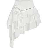 MakeMeChic Women's Layered Tiered Mini Skirt Lace Up Asymmetrical Studded Ruffle Hem Y2k Skirts