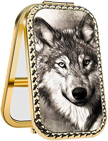 Specialized Design Rectangle Golden Wolf Painting Portable makeup mirror, Travel Compact Portable Pocket Folding Makeup Vanity Cosmetic Mirror for Women