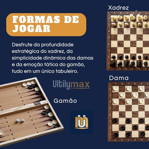 Jogo de xadrez Magnético 3 em 1, Damas e gamão em madeira, Tabuleiro Dobrável 24x24 cm, Peças de Resina, Estilo Estojo Clássico Profissional