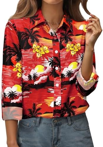 ZXZY Women's Hawaiian Shirts Long Sleeve Tropical Tops Button Down