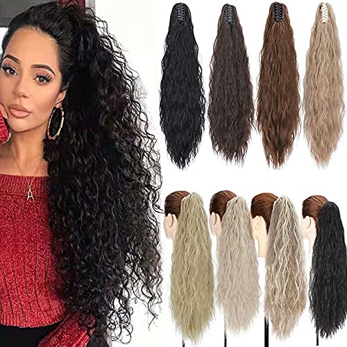 Natural Ponytail Extension Clip in Hair Extensions Long Curly Corn Wave Claw on Ponytail Heat Resistant Synthetic Hairpiece for Women Ash Blonde