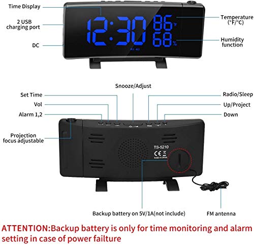 PEMOTech Projection Alarm Clocks for Bedrooms,【Temperature & Humidity Display】 7'' Large Curved LED Display,180° Rotation,FM Radio Digital Alarm Clock Projection on Ceiling with 2 USB Phone Charger