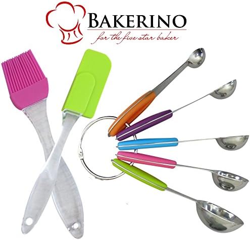 Measuring Spoons Set By Bakerino- 5 Spoons Of Various Size- Stainless Steel With Colorful Silicone Handles- FREE BONUSES Baking Brush & Spatula- Dishwasher Safe!