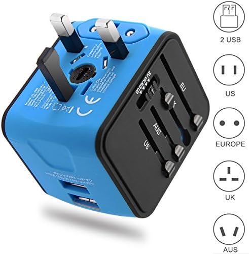 Universal Travel Adapter, All-in-one International Travel Charger with 2.4A Dual USB, Worldwide Travel Power Adapter Plug Wall Charger for US, UK, EU, AU & Asia Covers 150 Countries (blue)