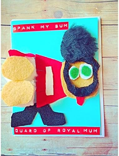 Spank My BUM, Guard of Royal MUM! Hilarious Pop Up Buckingham Palace Guard Pop up Buttock Birthday Handmade Card. Front Text: Spank My BUM, Guard of Royal MUM!