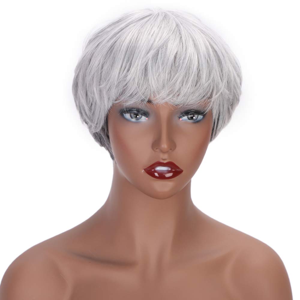 Forqueens Short Pixie Cut Wig Short Straight Synthetic Wig Grey Mixed Black Hair With Bangs For Black