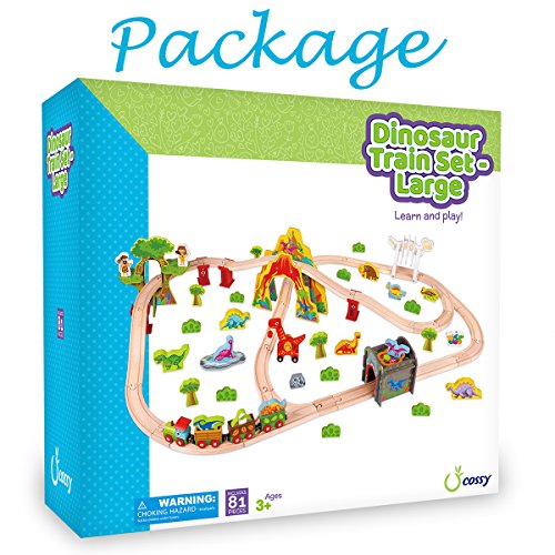 COSSY Dinosaur Theme Wooden Train Set - 81 pcs Railway Tracks & Accessories, Magnetic Trains Cars for Toddlers & Older Kids (Large)