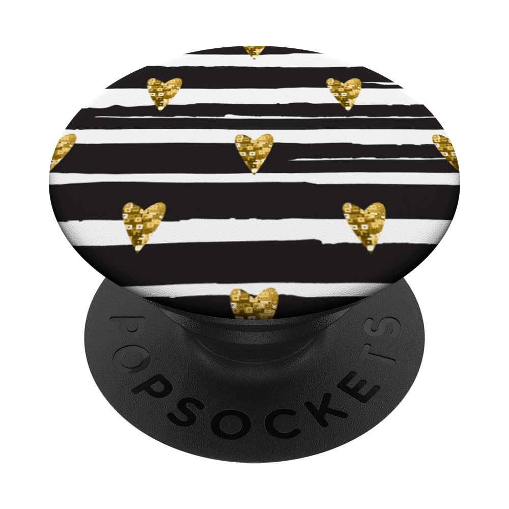 Girly Hearts Black White Stripes Cute Women Girls PopSockets Swappable PopGrip