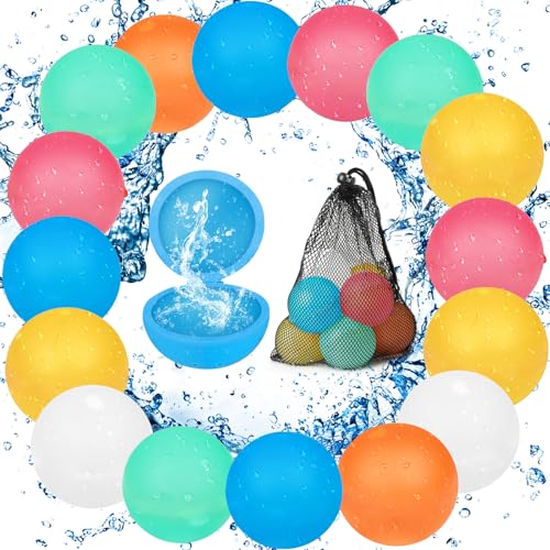 Reusable Water Balloons, 16 Pcs Reusable Self-Seal Silicone Water Balloons and 1 Mesh Bag, Quick Fill Water Balloons for Kids and Adults, Water Toy for Kids and Adults