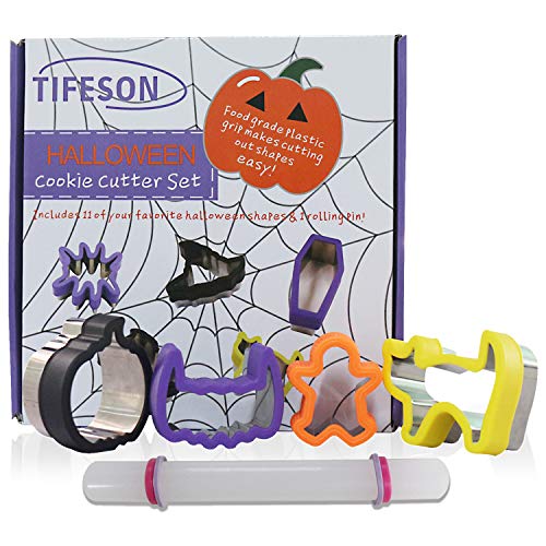 Tifeson 12 Pack Halloween Cookie Cutters Set, 11 PCS Stainless Steel Sandwich Cutter Molds with Comfort Grip, 1PC Rolling Pin for Halloween Party (Include Pumpkin, Witch Hat, Bat, Ghost Mold)