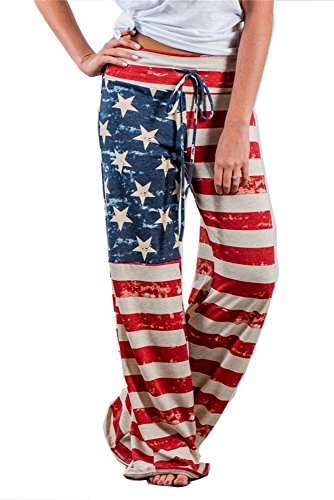 High Drawstring Waist Wide Leg Pants for Women Palazzo Lounge American Flag L