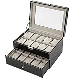 Zeeshy 20- slot Watch Box Black Pu Leather Diaplay Case Organizer Glass Top Drawer with Key Lock
