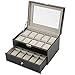 Zeeshy 20- slot Watch Box Black Pu Leather Diaplay Case Organizer Glass Top Drawer with Key Lock