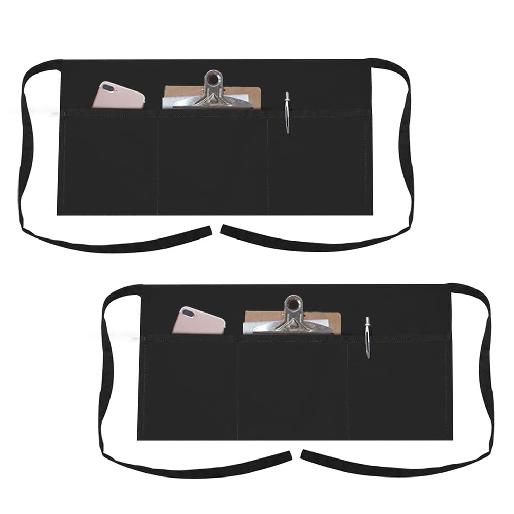 TOPTIE 2 Pack Waitress Waiter Server Bistro Waist Apron with 3 Pockets, Restaurant Kitchen Chef Half Aprons, 24" W x 12" H-Black