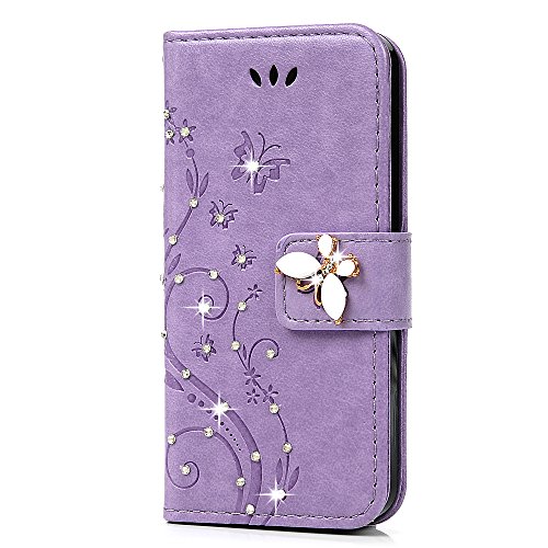 iPhone SE Case,iPhone 5S Case,iPhone 5 Case - Mavis's Diary 3D Handmade Wallet Bling Crystal Diamonds Butterfly Fashion Floral PU Leather with Hand Strap Magnetic Clasp Card Holders - Thumbnail 2