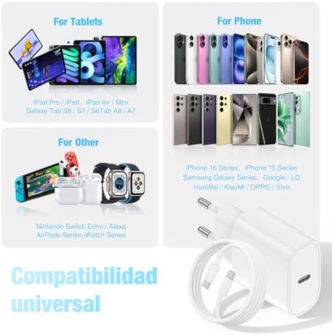 Cargador Carga Rápida USB-C para iPhone 17 16 15 & Cable de Carga Rápida 2M - Adaptador de Enchufe 20W Compatible con iPhone 16e,16/15 Plus,17 Air, 17/16/15 Pro, Pro MAX, Pad
