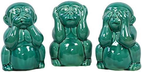 UTC10872-AST Ceramic Sitting Monkey No Evil (Hear/Speak/See) Figurine Assortment of Three Gloss Finish Turquoise