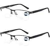 Missfive 2 Pack Mens Bifocal Reading Glasses, Blue Light Blocking Far Near Dual-use Readers, Durable Spring Hinge Quality Metal Frame Eyeglasses, Black & Gunmetal +2.5