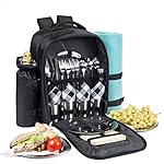 Picnic Backpack for 4 - All-In-One Set includes Premium Stainless Steel Tableware, Cheese Board, Wine Opener, Insulated Food & Wine Cooler Bag Compartments, Fleece Blanket and more - by Savvy Glamping