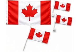 Canadian Flag Bundle (4-Piece Set) – 3×5 ft Canada Flag with Grommets, 2 Car Window Flags & Handheld Flag – Canada Day Decora