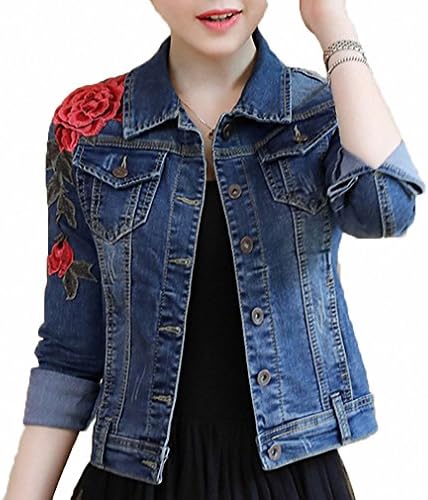 Womens Denim Jacket Embroidery Floral Long Sleeve Jeans Coat Skinny Jackets