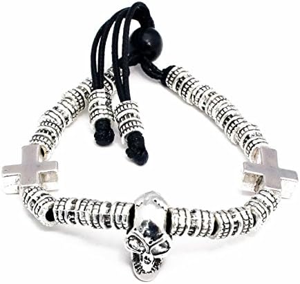Perepaix RAVE Mens Silver Plated Alloy Skull and Cross Beads Black Wax Cord Bracelet