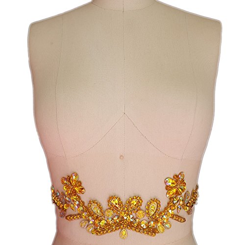 Pure Handmade Bright Clear 11.8x2.7 Sewing Beaded Sew on Rhinestones Appliques Trim Patches for Evening Dresses Wedding Dress Prom,Waist Decoration Belt (Yellow)