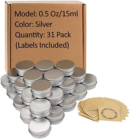 Screw Top Aluminum Tin Jars Tins Empty Container with Lip and 30Pcs Marking Labels for Candle, Lip Balm, Salve, Make Up, Eye Shadow, Powder (30Pcs 0.5oz./15ml)