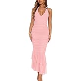 YFANG Women's Sexy Ruffle Hem Halter Deep V Neck Ruched Sleeveless Mesh Bodycon Cocktail Party Maxi Dress