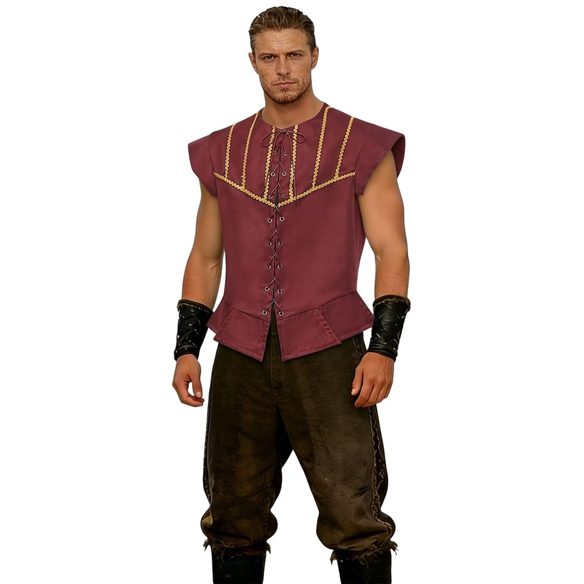 BPURB Mens Steampunk Gothic Pirate Vest Renaissance Medieval Lace-up Waistcoat Victorian Costume (X-Small, Wine red)
