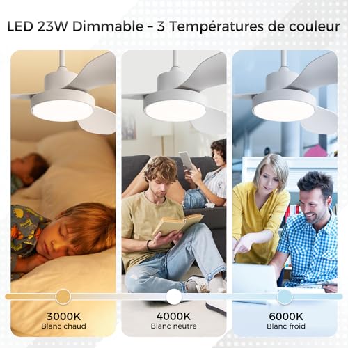 OZEANOS Ceiling Fan with Dimmable LED Light, Silent Ceiling Fan with Remote Control, 6 Speed, DC Motor, 3 Temperatures, Summer/Winter Function for Living Room and Bedroom (120cm)