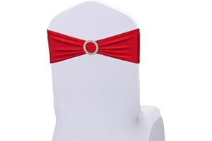 JKDMJF Spandex Red Chair Sashes Bows 50 Pack Stretch Chair Bands with Buckles Universal Elastic Chairs Ties for Wedding Party Birthday Christmas Banquet Anniversary Bridal Shower Events Decoration