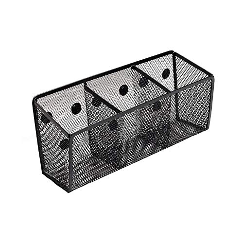 Miukada Magnetic Pencil Holder, Wire Mesh Storage Basket with 3 Compartments. Office Supplies Organizer with 9 Heavy-Duty Magnets for Whiteboard and Lock Accessories