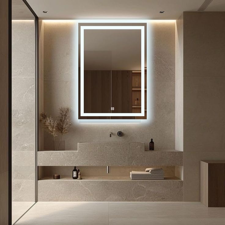 Espelho jateado lapidado decorativo Retangular Vertical ou horiontal 70x50cm luz led touch Dimerisável luxo iluminado (Led frio)