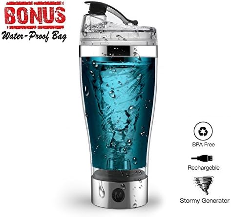 Protein Shaker Bottle, USB Rechargeable Portable 16ounce Vortex Mixer Blender Bottle for Shake, Electric Shaker Cup Self-Stirring Mug for Various Powder with Waterproof Bag