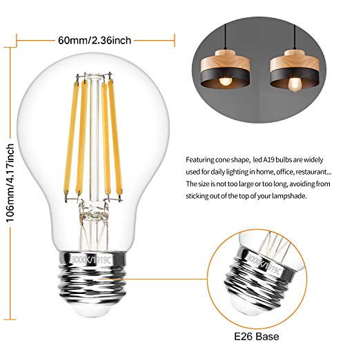 A19 LED Edison Bulb Dimmable 6W LED Filament Light Bulbs 60W Incandescent Equivalent Led Vintage Bulb 3000K Soft White 620LM E26 Medium Base Decorative Clear Glass for Home, Office, Cafes, 6 Pack