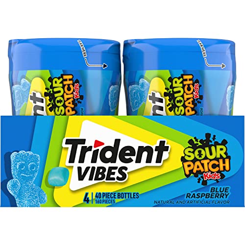 TRIDENT VIBES SOUR PATCH KIDS BLUE RASPBERRY SUGAR-FREE CHEWING GUM, 4 BOTTLES OF 40 PIECES (160 TOTAL PIECES)