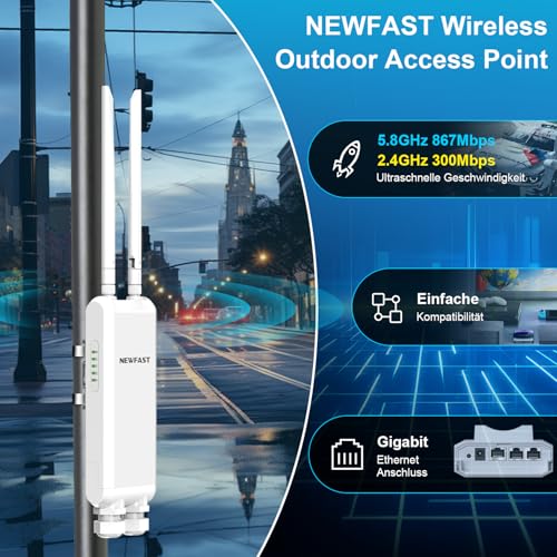 NEWFAST AC1200 Outdoor WLAN Access Point,Wetterfester Dualband Access Point,Ideal für Stabile Internetverbindung im Garten,Auf der Terrasse Oder im Hof,IP66 Water Resistant,PoE Powered,2026 Neuestes
