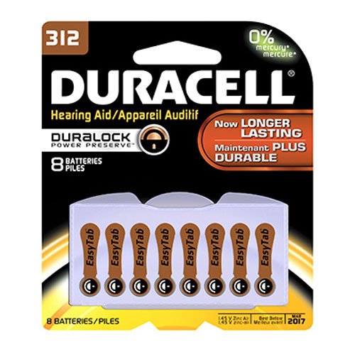 Duracell 1.4 Volt Zinc Air Hearing Aid Batteries Size 312 DA312B8 (8 Batteries)