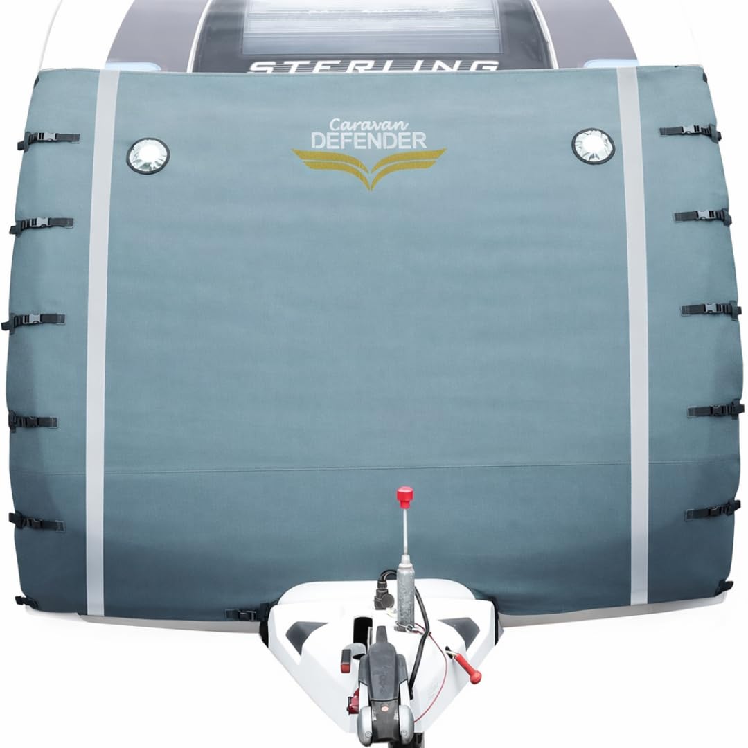 Caravan Defender Universal Front Towing Cover with LED Lights – Window Protection with Fleeced Backing Accessories for Caravans – Light Grey