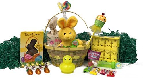 Yellow Easter Basket for Kids and Adults - Easter Gift Basket Filled with Premium Solid Milk Chocolate Easter Bunny - Easter Basket Filled with Candy and Toys - BONUS Slime Putty