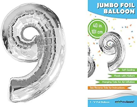 Rainbowloons Jumbo Mylar Foil Balloon, 40-Inch, Glossy Silver, Number 9