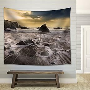 White Waves on The Seashore with Rocks - Fabric Wall Tapestry Home Decor - 51x60 inches