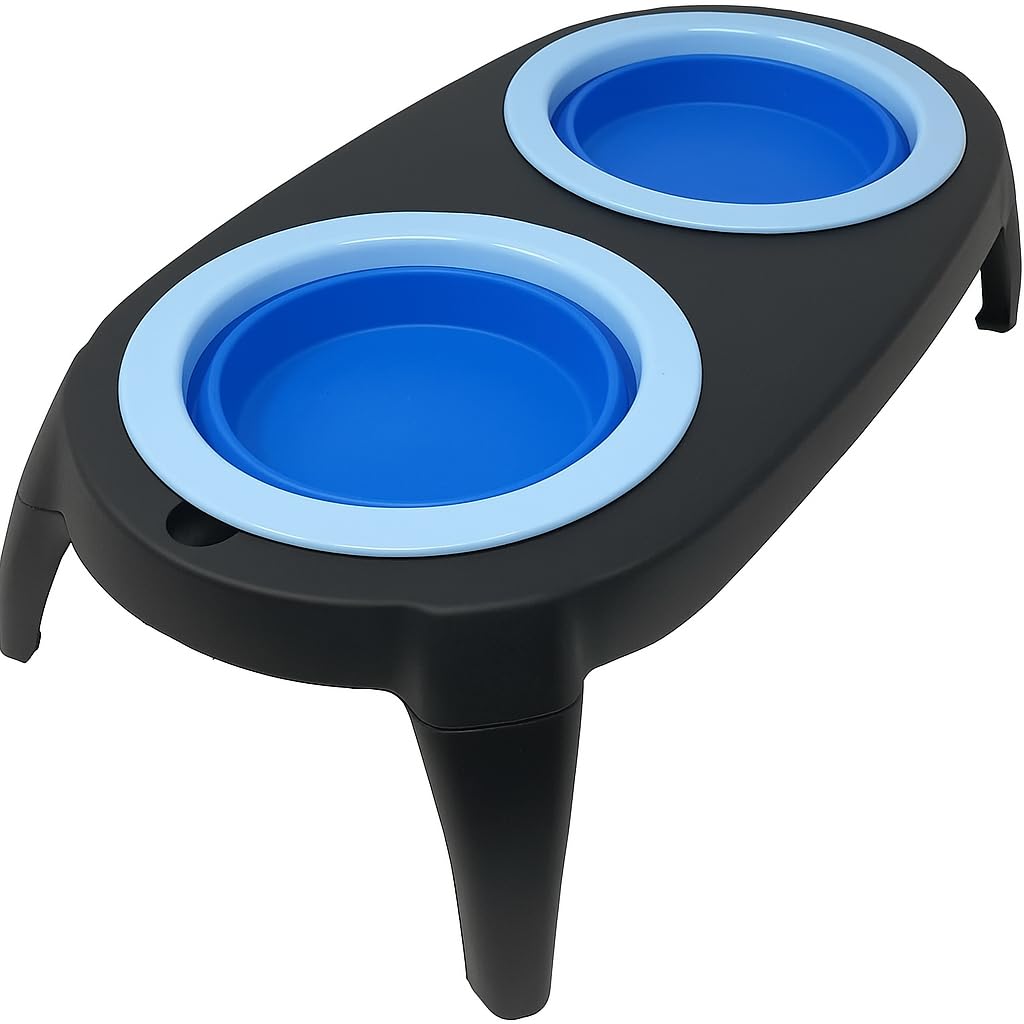 Copper Top - Collapsible Pet Feeding Bowl Set with Foldable Tray- Easy to Clean, Store and Anti-Slip Stand Great for Travelling Hiking Camping Home Indoor Outdoor (Blue)