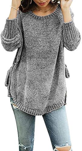 Womens Pullover Sweaters Plus Size Cable Knit Crew Neck Long Sleeve Split Side Tie Knot Fall Jumper Tops
