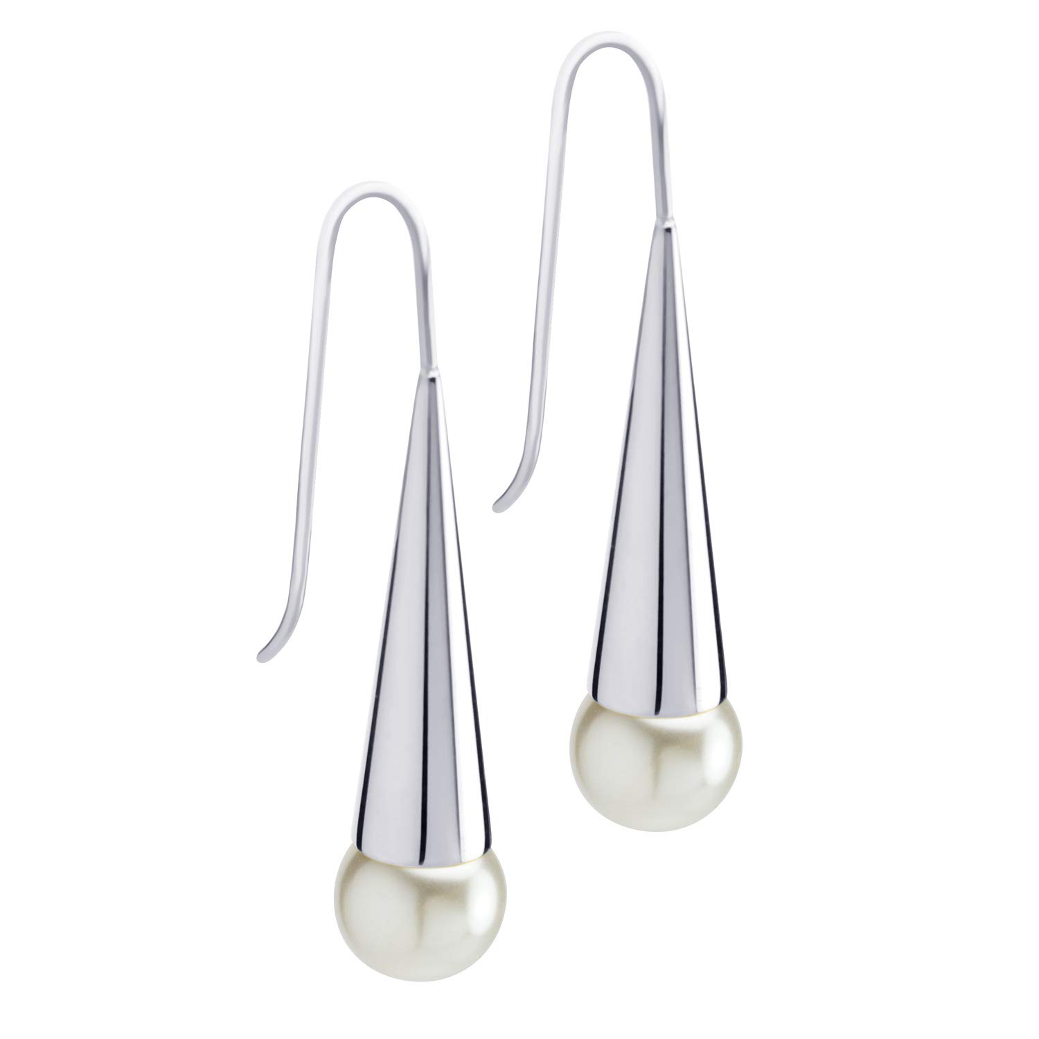 555Jewelry Stainless Steel Dangling Drop Pearl Earrings for Women, Long Boho Dangly Cone Pearl Earrings, Fashion Pearl Dangle Earrings for Women & Ladies, Silver