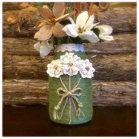 Rustic Jute Wrapped Vase, Green Twine Wrapped Vase, Green Jute Vase with lace flowers