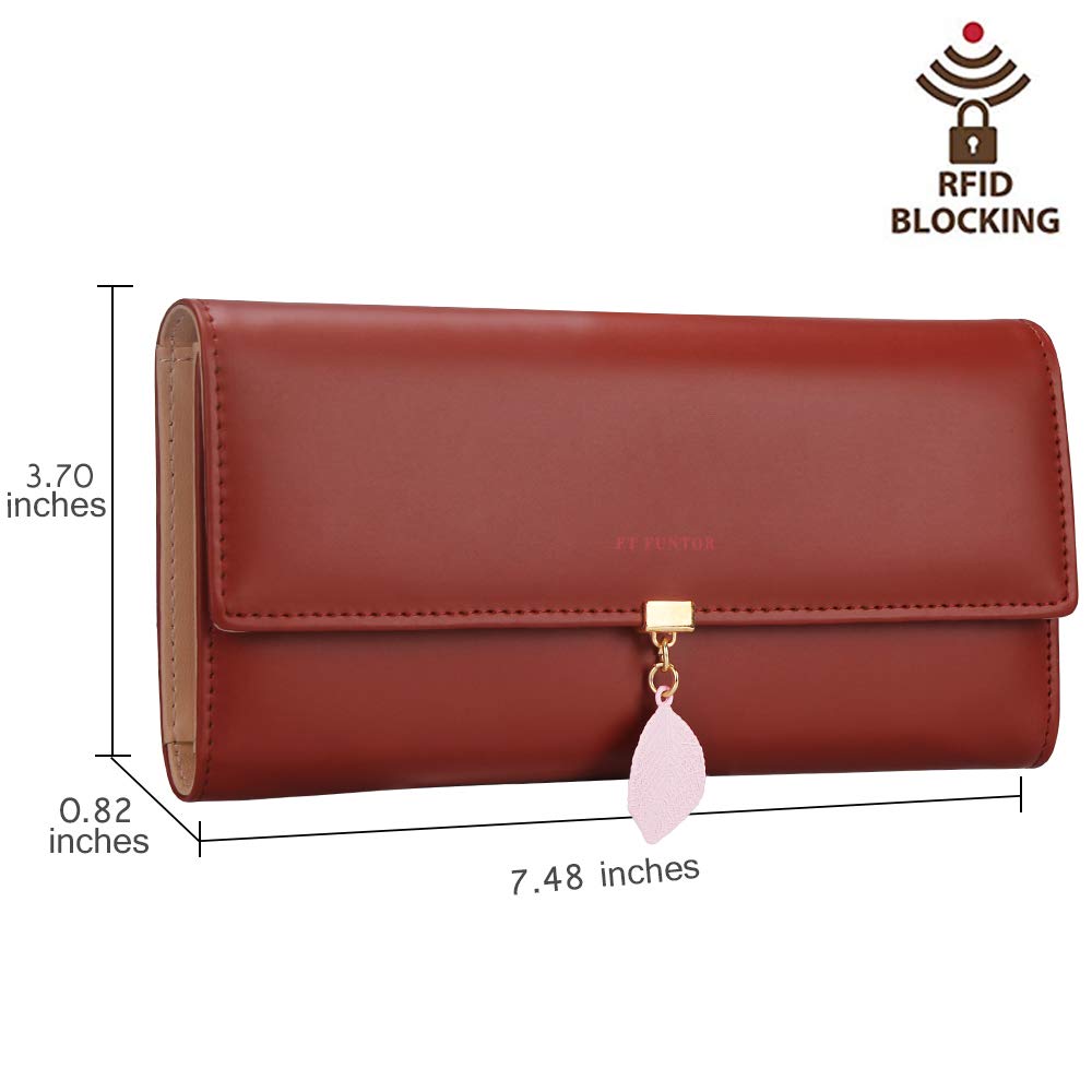 FT Funtor RFID Wallets for Women, Leaf Card Holder Trifold Ladies Wallets Coins Zipper Pocket with ID Window Large Wine Red